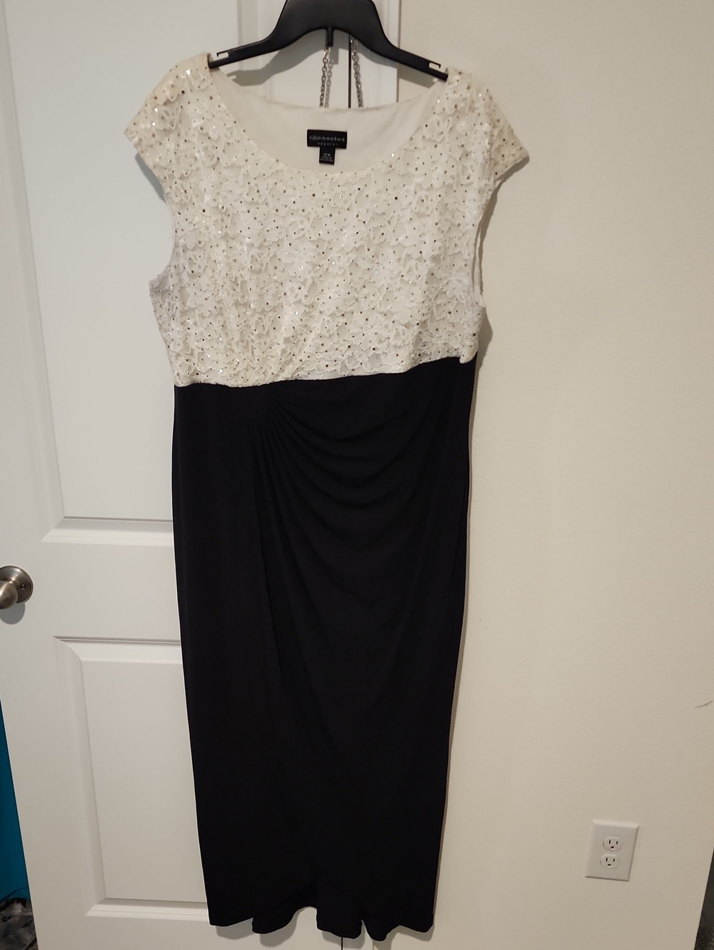 connected apparel White Sequin Bodice Black Midi Dress